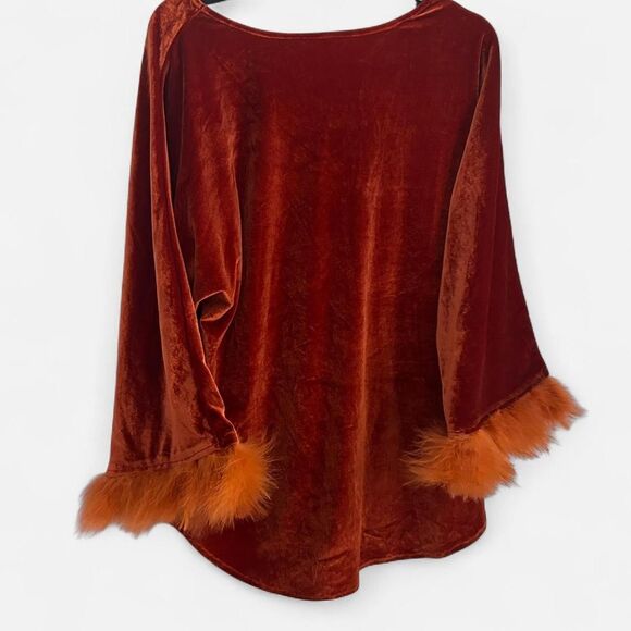 Red-Orange Velour Feather Trim V-Neck Top Medium Y2K - Picture 4 of 4
